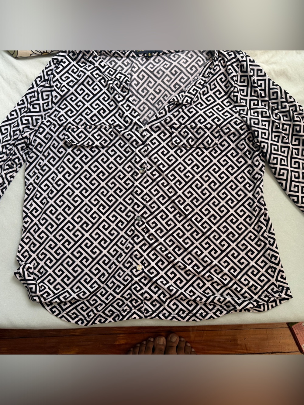 Adrienne Vittadini Black and White Geometric Button-Down Shirt